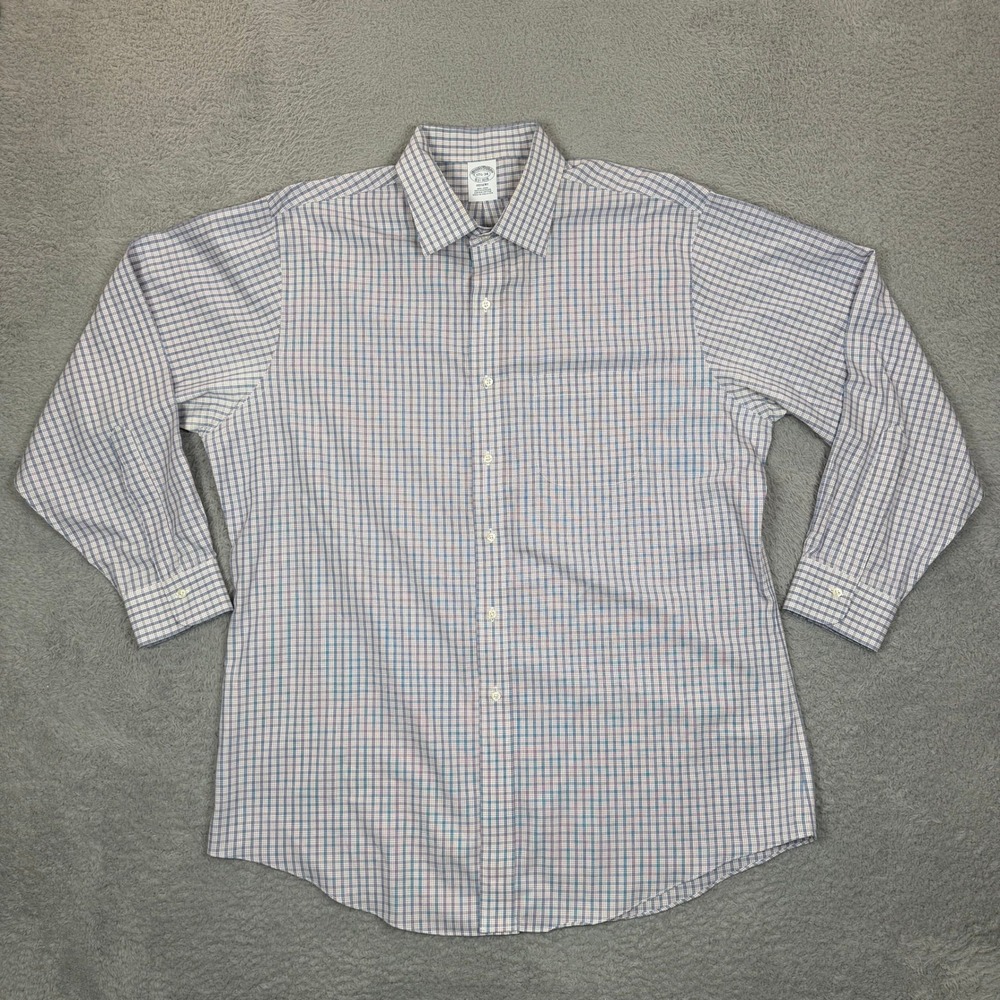 Brooks Brothers Regent Non-Iron Shirt 17.5 34 Blue Red Tattersall Supima Cotton